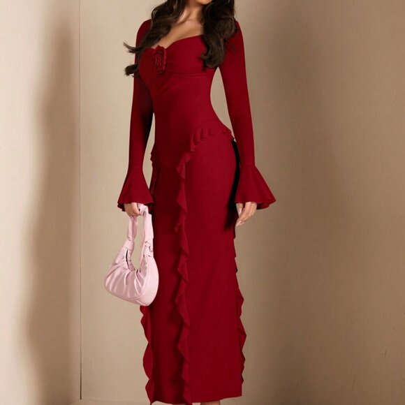 Red Elegant Women's Flounce Trim Long Sleeve Fitted Dress - Picture 6 of 8